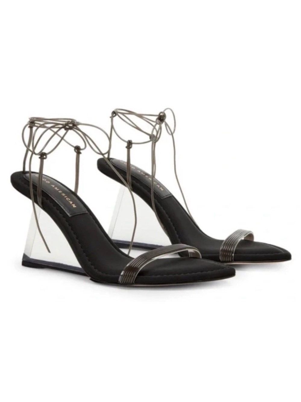 Good American Black and Clear Lucite Block Heel Lace-Up Strappy Sandals 7 NIB